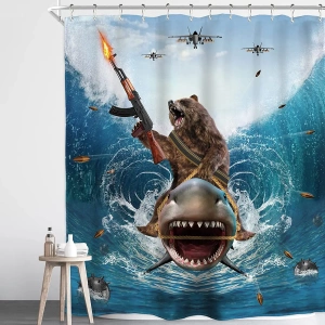 Bear on shark with gun shower curtain