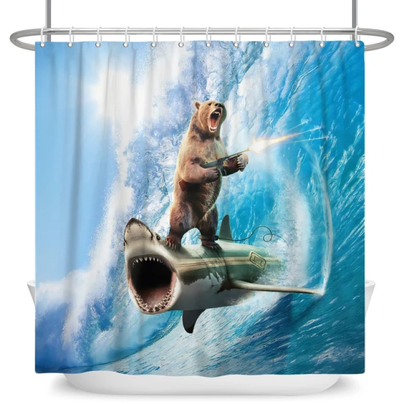 Bear riding a shark shower curtain