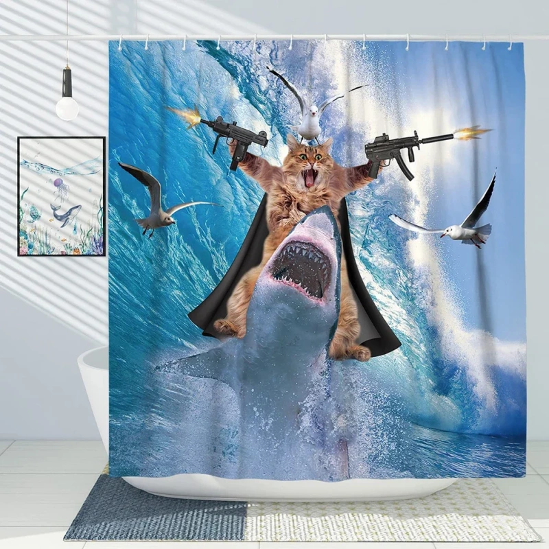 Cat riding shark shower curtain