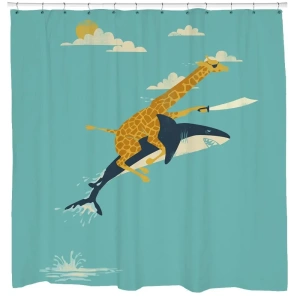 Giraffe riding shark shower curtain